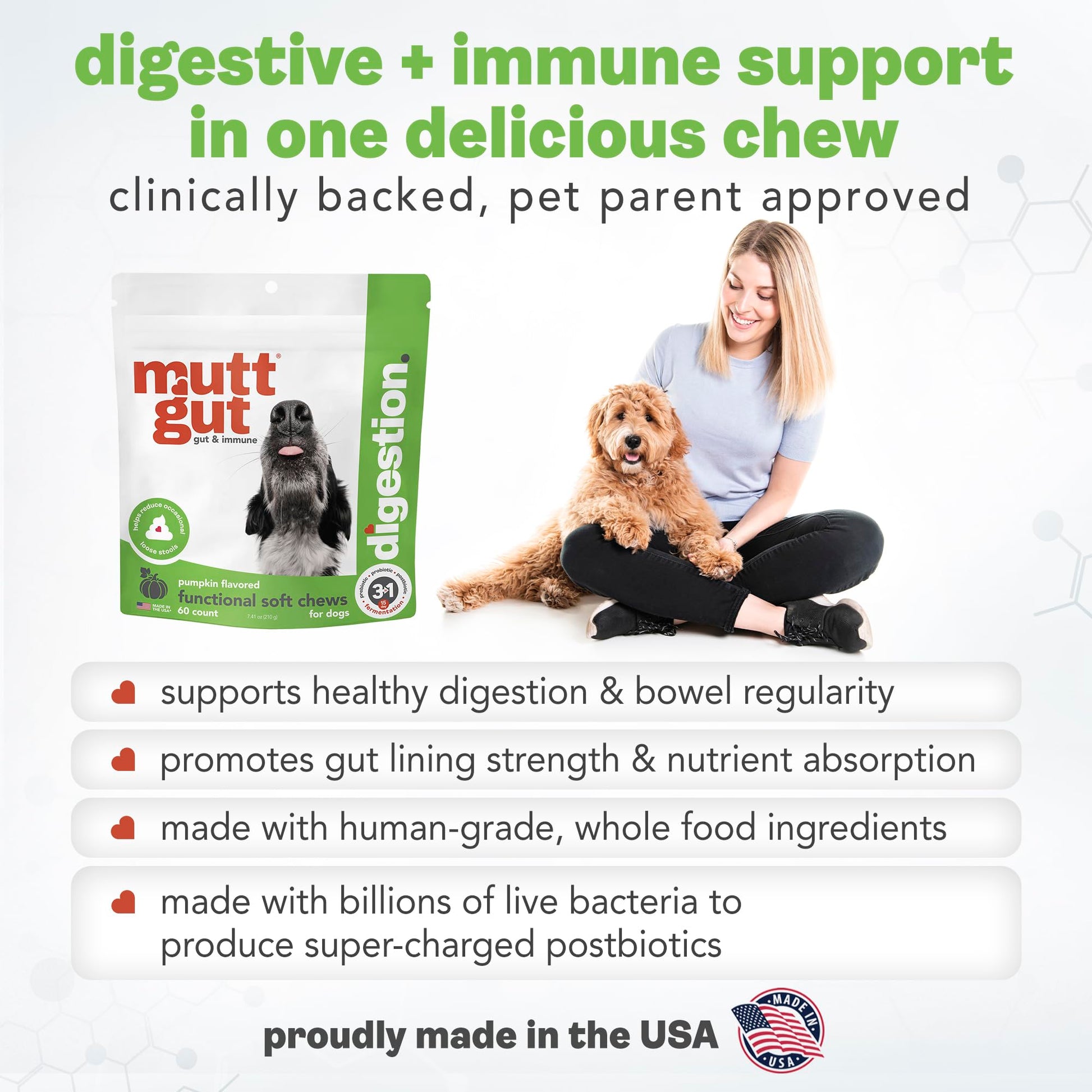 MuttGut® 3-in-1 Puppy & Dog Probiotics + Prebiotics + Postbiotics Chews - Promotes Digestive Health, Supports Immune System and Overall Health - Dog Diarrhea Relief & Immune Support - 60 Soft Chews MUTTGUTBuy Supplements Australia