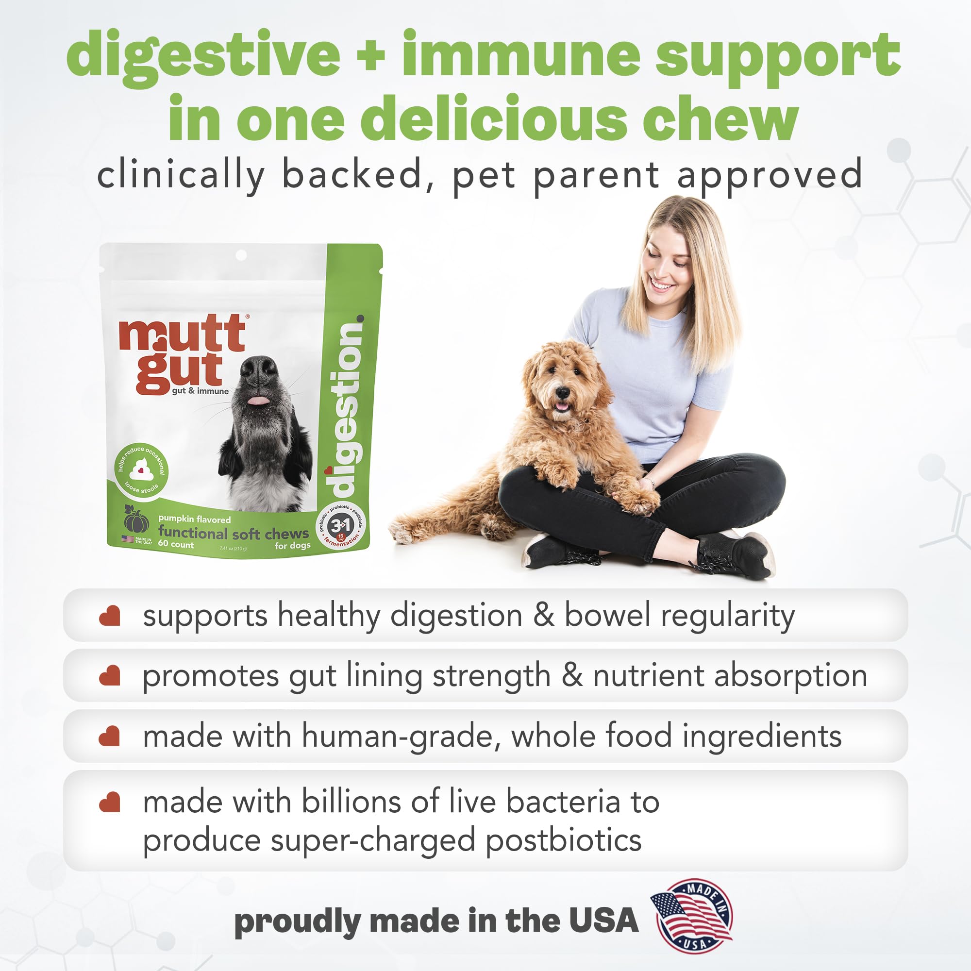MuttGut® 3-in-1 Puppy & Dog Probiotics + Prebiotics + Postbiotics Chews - Promotes Digestive Health, Supports Immune System and Overall Health - Dog Diarrhea Relief & Immune Support - 60 Soft Chews MUTTGUTBuy Supplements Australia