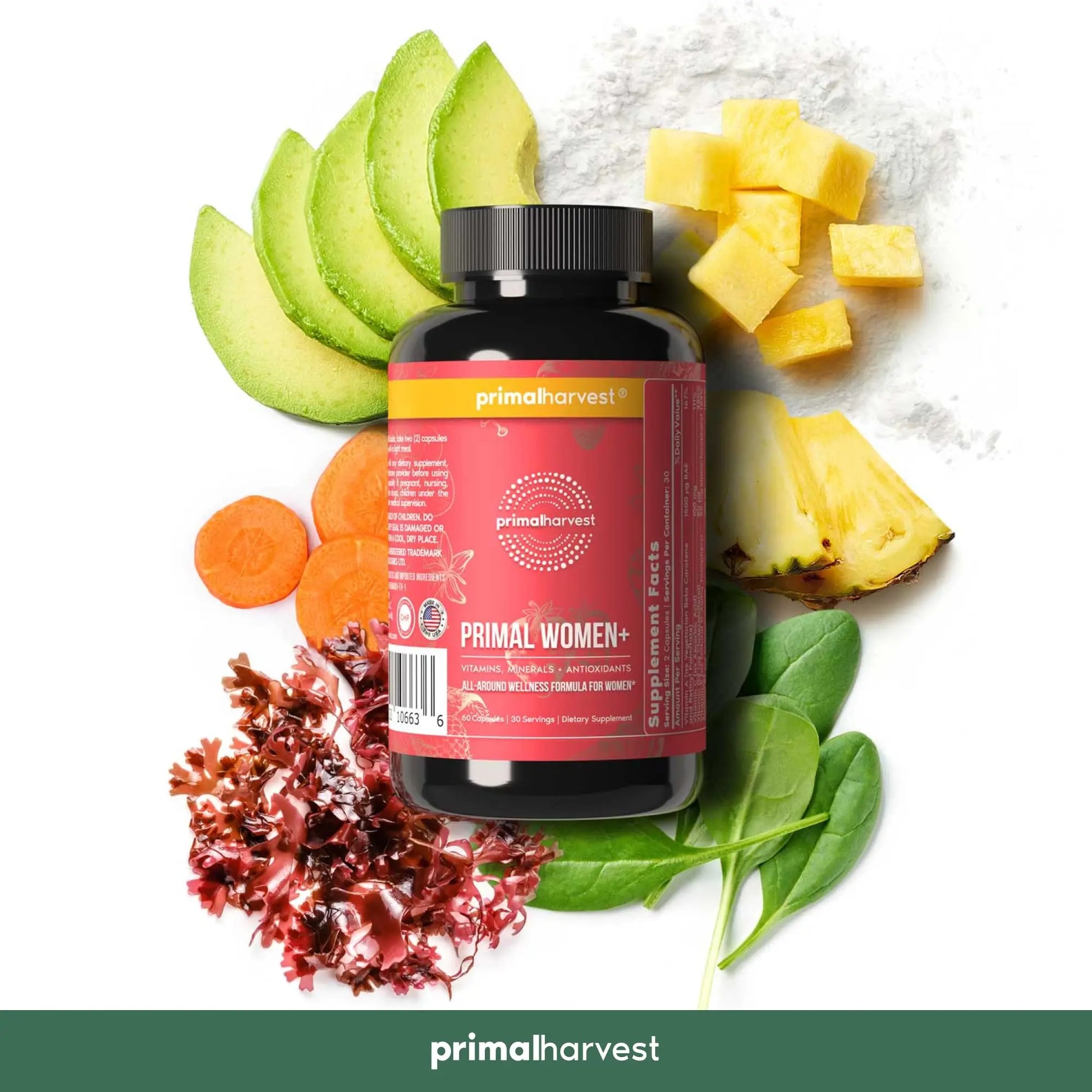 Primal Harvest Women+, Woman's Multivitamin Vitamin A, Vitamin C, Vitamin D and E, Vitamin B12, B6, Biotin, Zinc Supplements,1 Pack 60 Capsules Primal Harvest