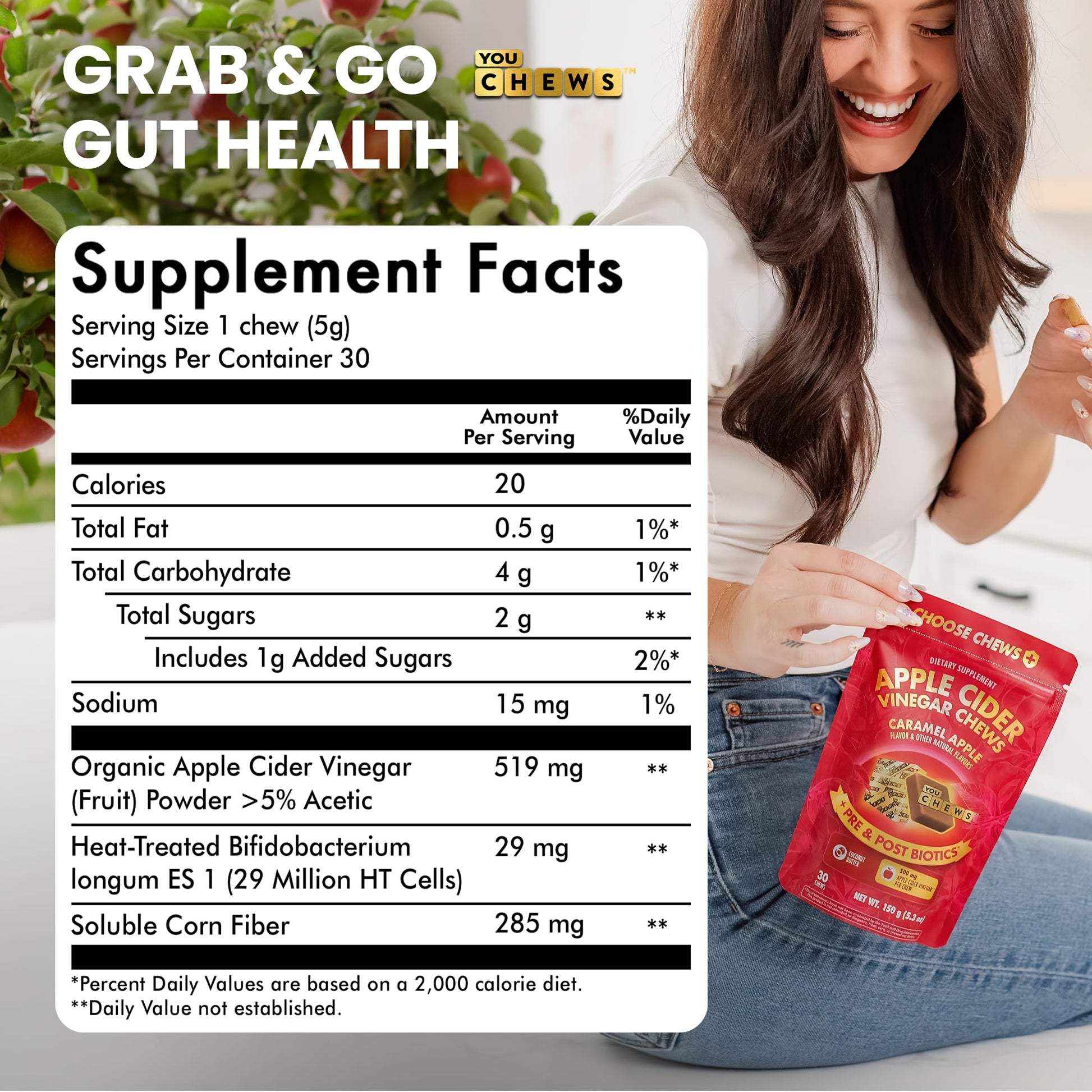 YouChews Apple Cider Vinegar Chews Better Than Apple Cider Gummies - Bloating Relief for Women and Men, 500mg Organic ACV with Prebiotics & Postbiotics, Low Sugar, Caramel Flavor, 30 Count YouChewsBuy Supplements Australia